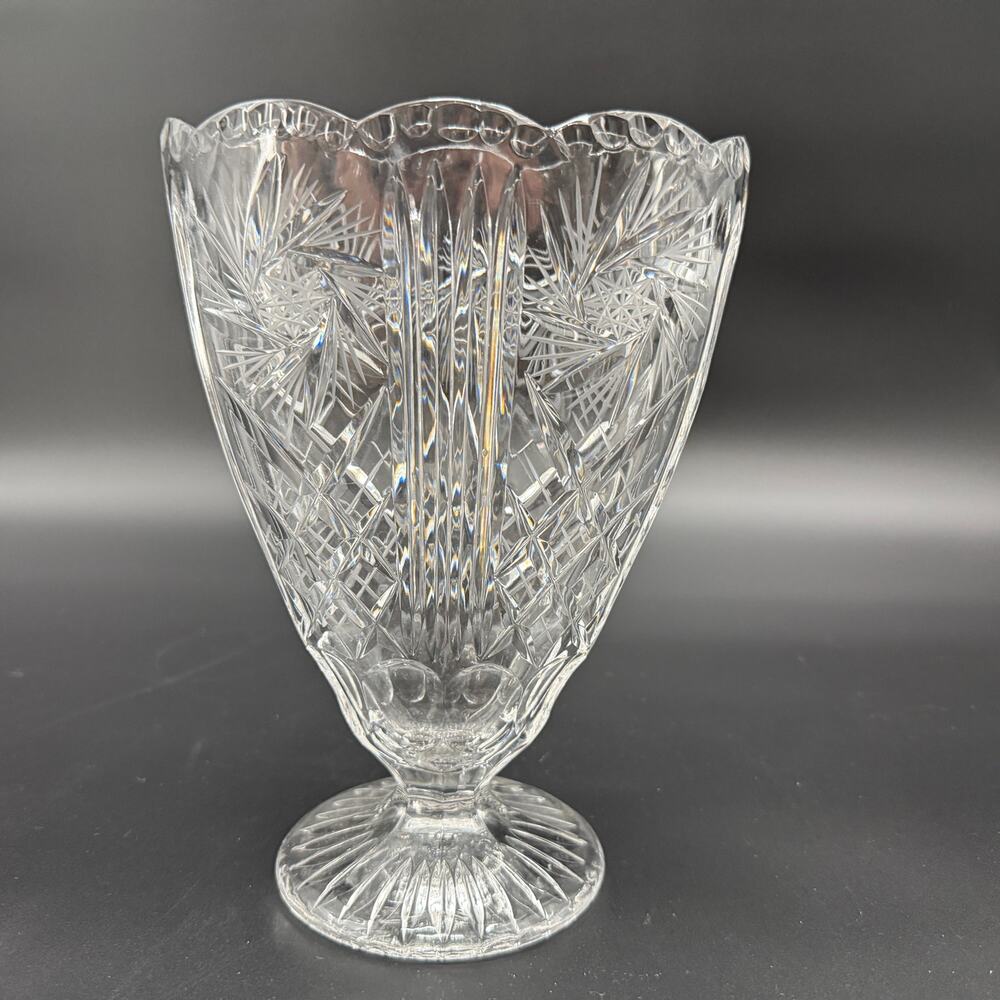 lead crystal glass 9" Flower footed Vase Hollywood Regency Glam flared pinwheel